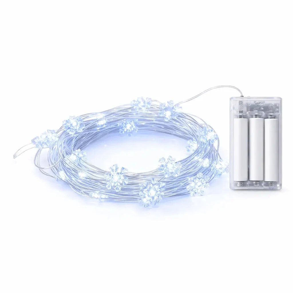 LED svetielka na batérie, vločky, 2,3 m, ľadovo biela, 20 diód, priehľadný kábel, IP20 interiér, 3 × AA