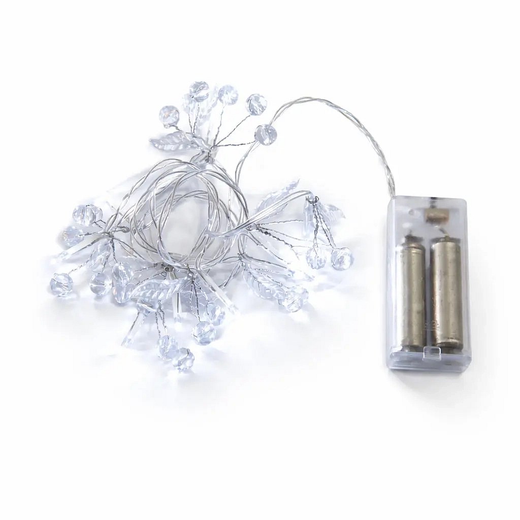 LED reťaz na batérie, kryštáliky, 1,3 m, ľadovo biela, 10 diód, priehľadný kábel, IP20 pre interiér, 2 × AA