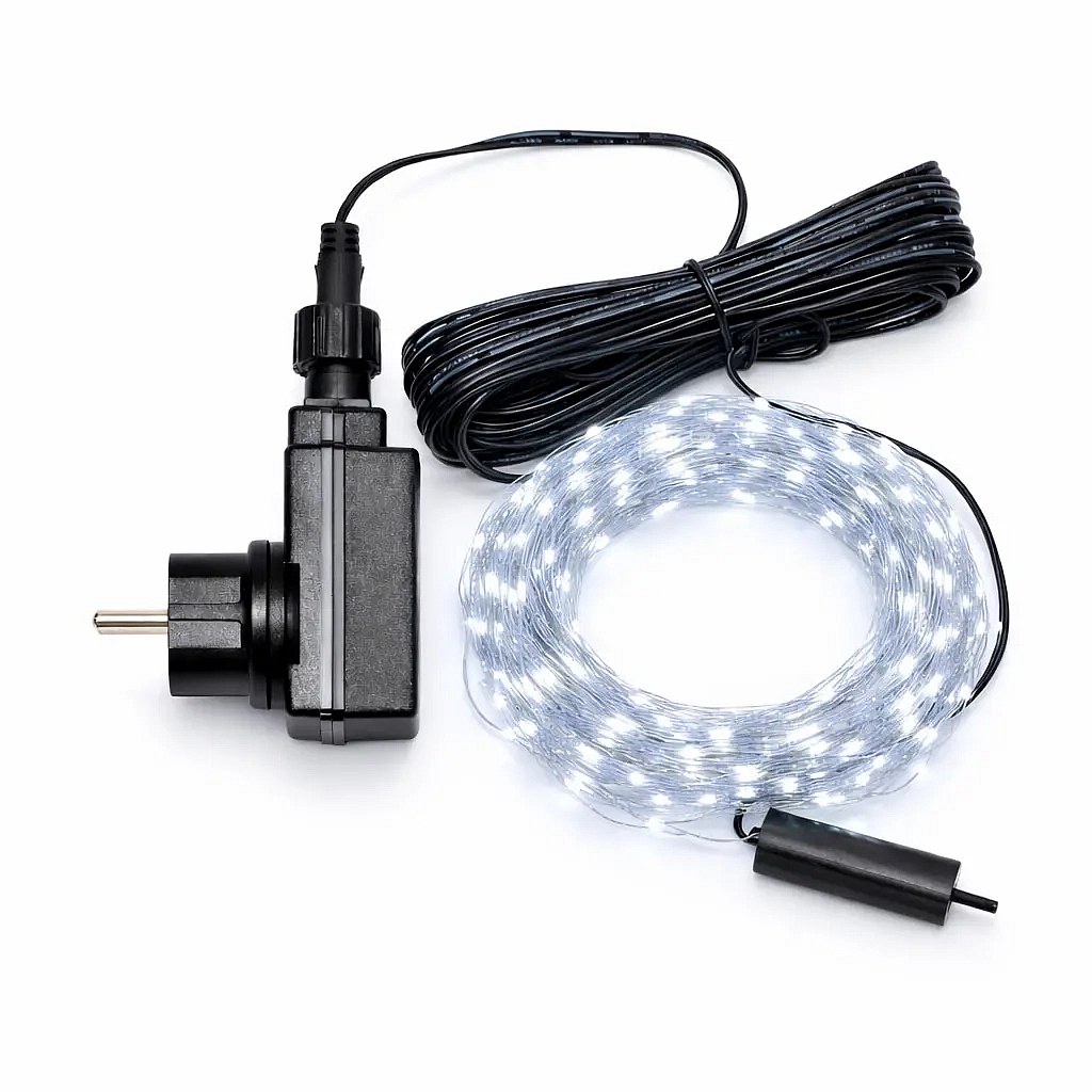 LED svetelný reťaz, kvapky, 12 pramencov × 1,5 m, vonkajší, ľadovo biela, 180 diód, strieborný kábel, IP44, vrátane napájacieho zdroja