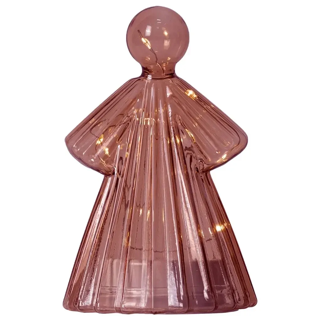LED svietiaci sklenený anjel s baterkou, bordová farba, 15 cm, 1× CR2032