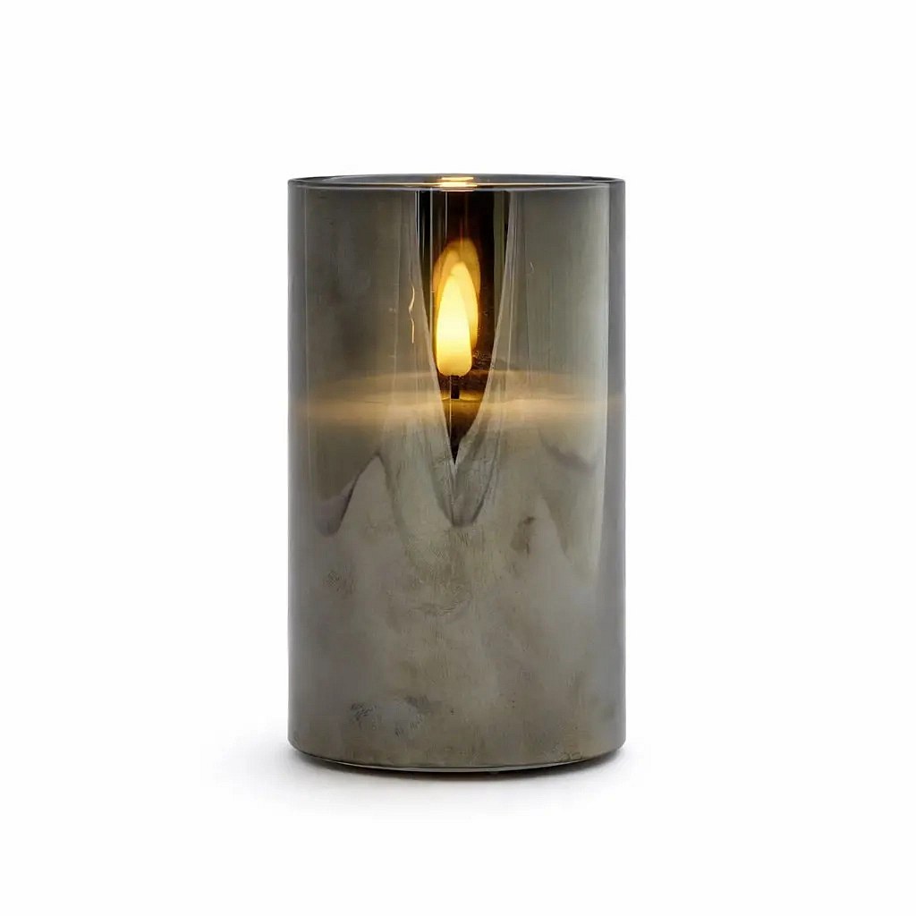 Sviečka LED na batérie v skle, Ø 7,5 × 15 cm, sivá, 2× AA, teplá biela