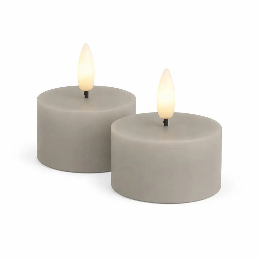Sada LED čajových sviečok na batérie Sille Tealight, Ø 6 × 3,4 cm, teplá sivá, z pravého vosku, balenie 2 ks