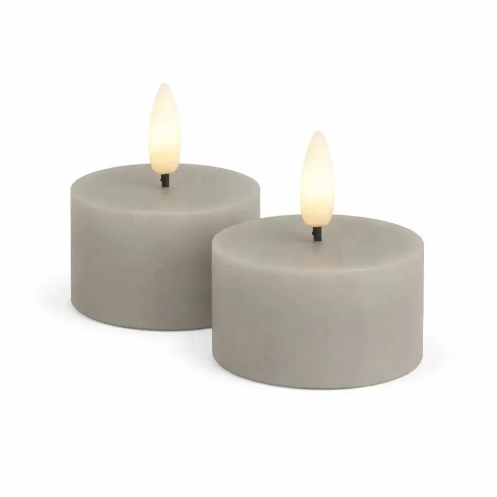 Sada LED čajových sviečok na batérie Sille Tealight, Ø 6 × 3,4 cm, teplá sivá, z pravého vosku, balenie 2 ks