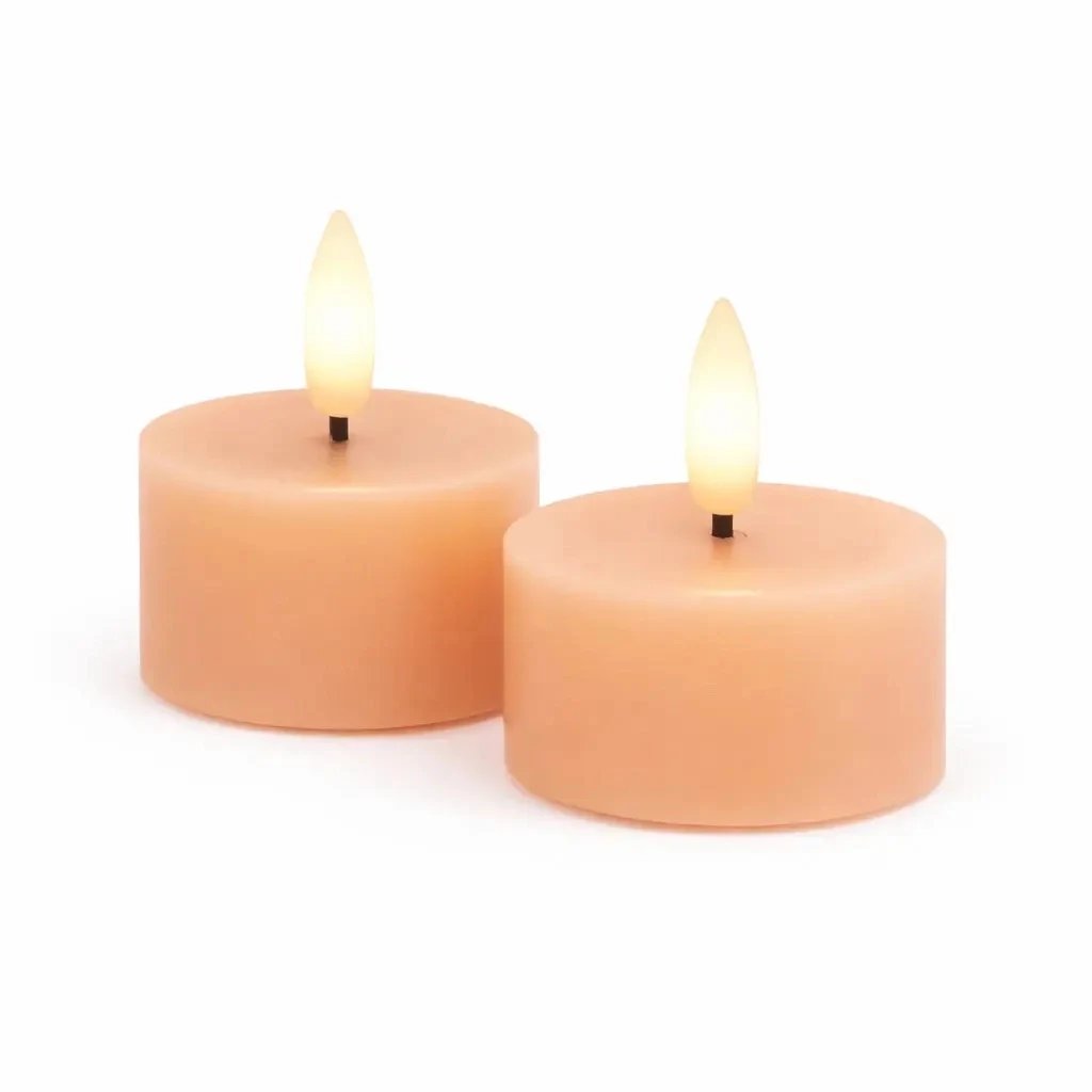 Sada LED čajových sviečok na batérie Sille Tealight, Ø 6 × 3,4 cm, broskyňová farba, z pravého vosku, balenie 2 ks