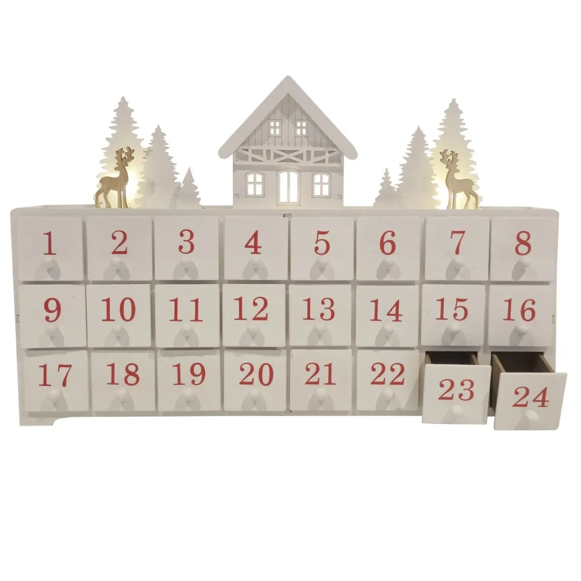 LED adventný kalendár, drevený domček v lese, 43 × 29 × 8 cm, biela, červená a hnedá, na 2× AA
