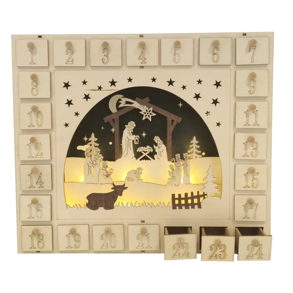 LED adventný kalendár, betlehem a hviezdy, drevený, 39 × 33,5 × 7 cm, na 2× AA