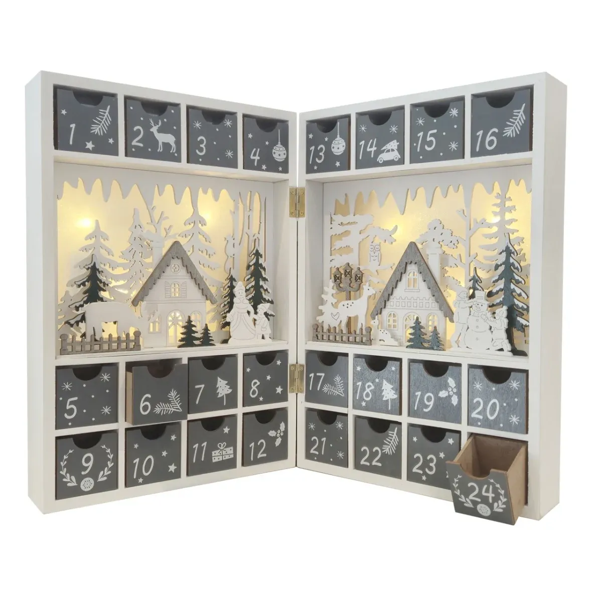 LED adventný kalendár, drevená kniha, 23,5 × 34,5 × 11 cm, biela, sivá a zelená, s otváracími priehradkami, napájaný 2× AA