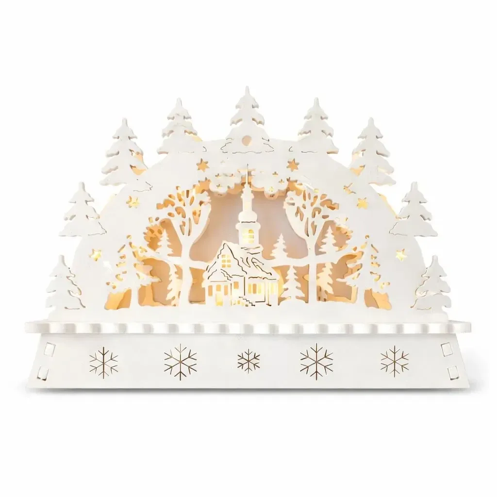 Vianočný svietnik s LED osvetlením do okna, kostol v lese, drevený, 15 × 11 × 5 cm, teplá biela, na 2× AA