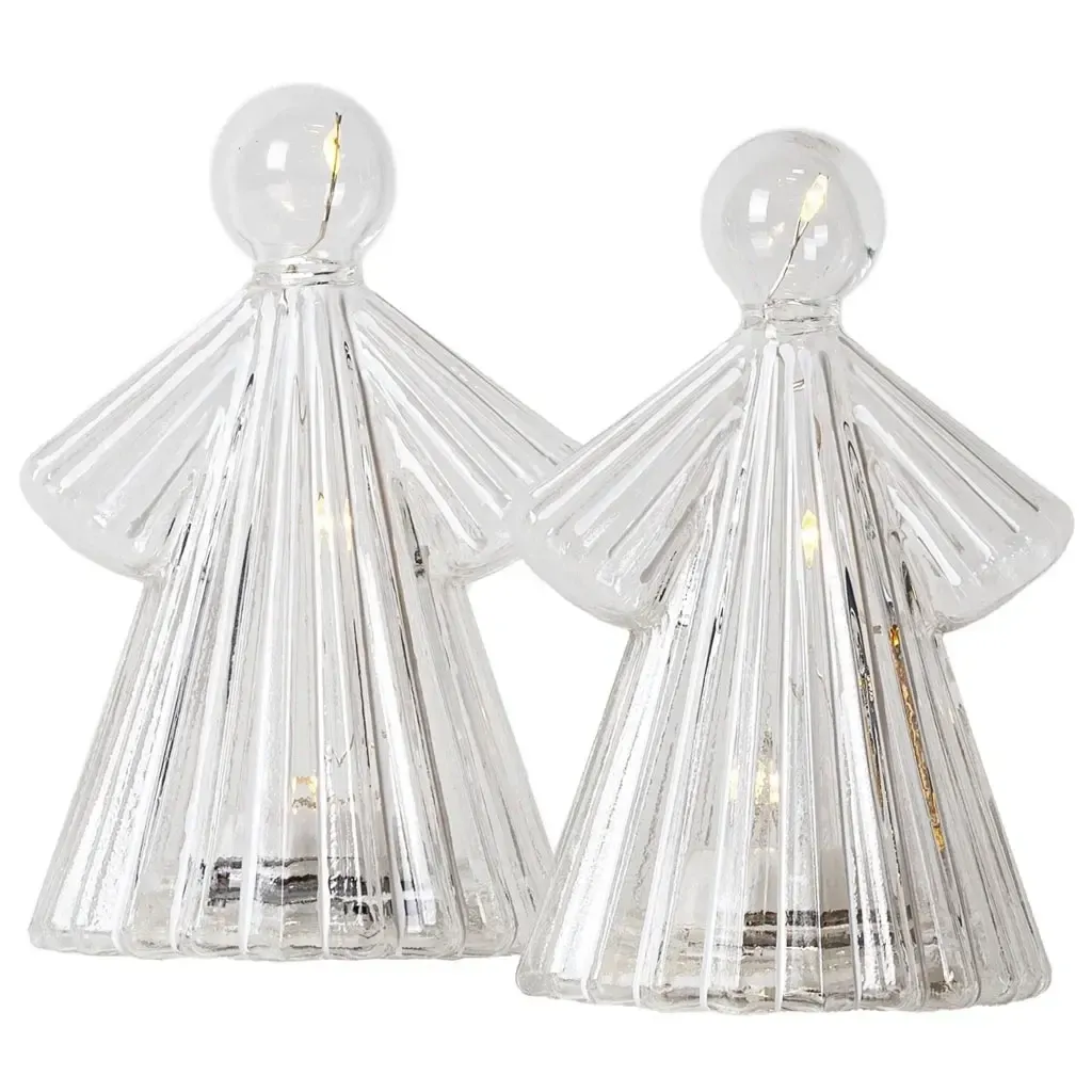 LED svietiaci sklenený anjel, číry, 10 cm, sada 2 ks