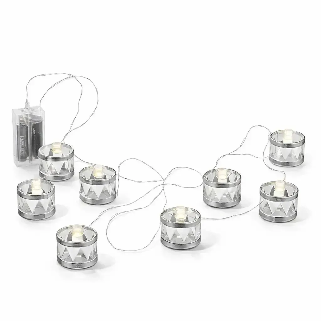 LED dekoratívna svetelná reťaz 150 cm, strieborné bubny, teplá biela, 8 diód, interiér, 2× AA