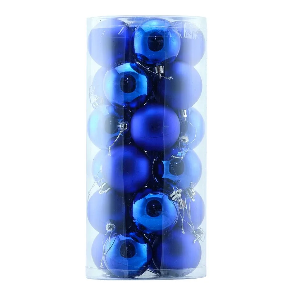 Sada vianočných ozdôb modré plastové gule 6 cm, 12× lesklé, 12× matné, balenie 24 ks