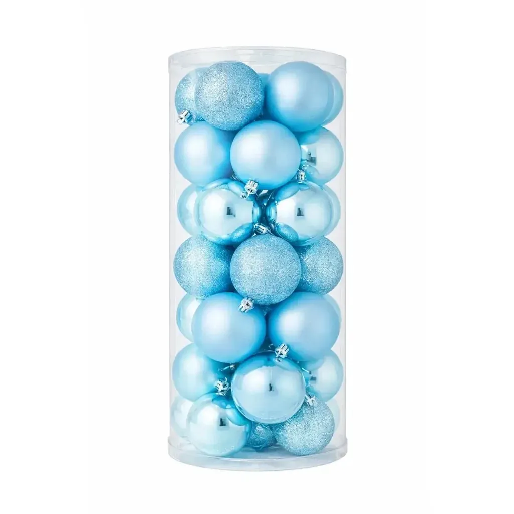 Sada vianočných ozdôb svetlomodré plastové gule 8 cm, 8× matné, 8× trblietavé, 8× lesklé, balenie 24 ks