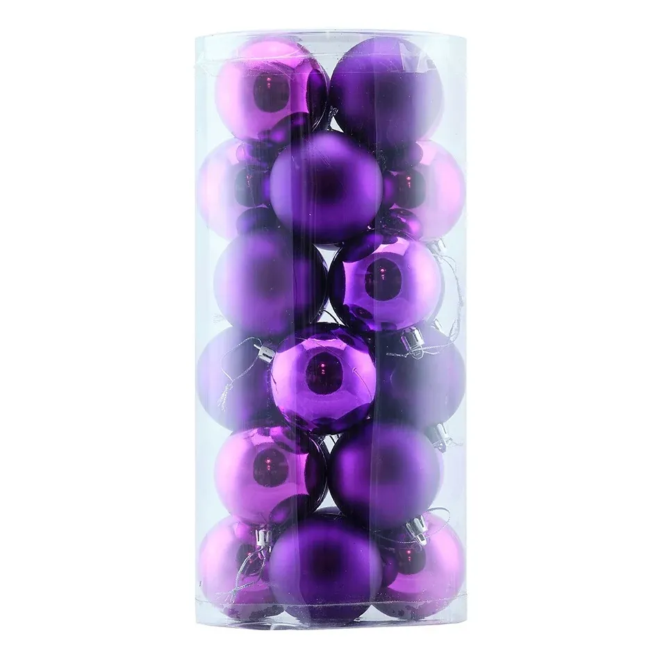 Sada vianočných ozdôb fialové plastové gule 8 cm, 12× lesklé, 12× matné, balenie 24 ks
