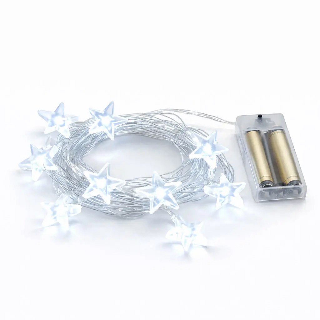 LED svetielka na batérie, hviezdičky, 1,8 m, ľadovo biela, priehľadný kábel, IP20, 2 × AA