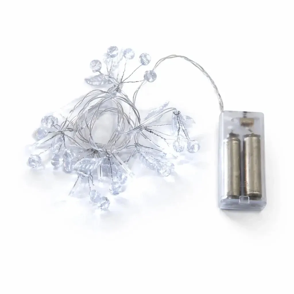 LED reťaz na batérie, kryštáliky, 1,3 m, ľadovo biela, 10 diód, priehľadný kábel, IP20, 2 × AA