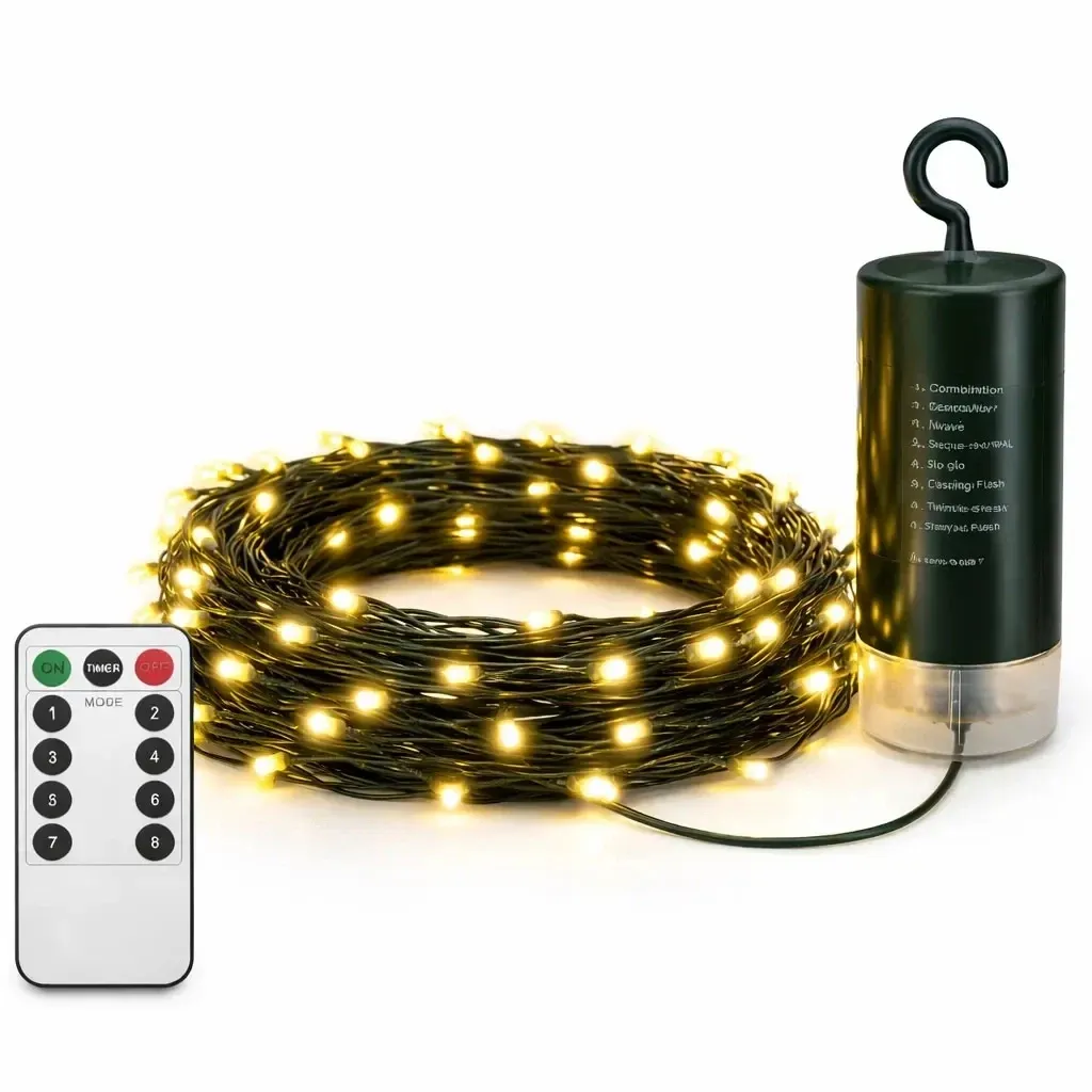 LED reťaz na batérie, vonkajšia, 10,2 m, teplá biela, 100 diód, tmavozelený kábel, IP44, 4×AA