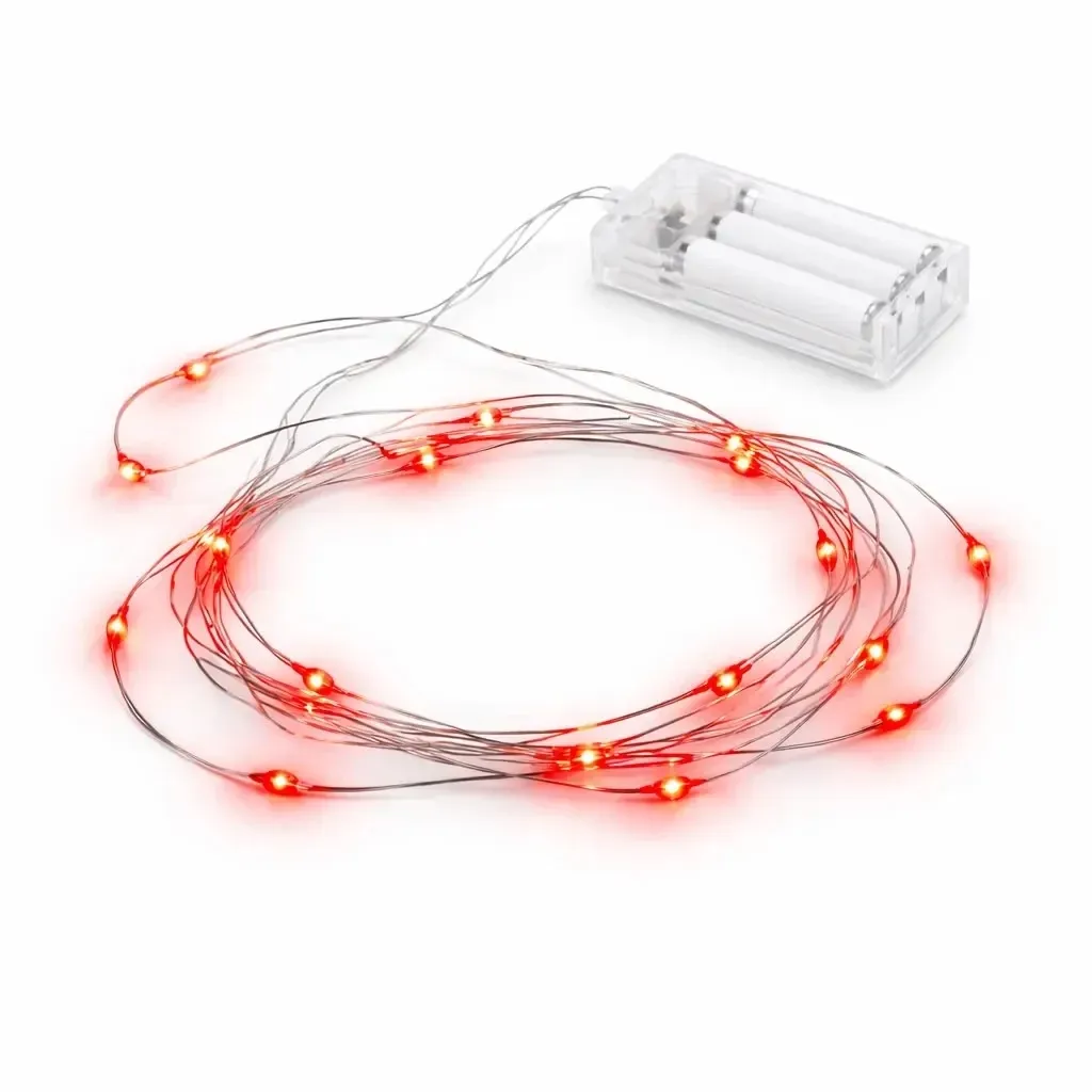 LED svetielka na batérie, kvapkovité, 2,30 m, červené, 20 diód, drôt, IP20 interiér, 3 × AA
