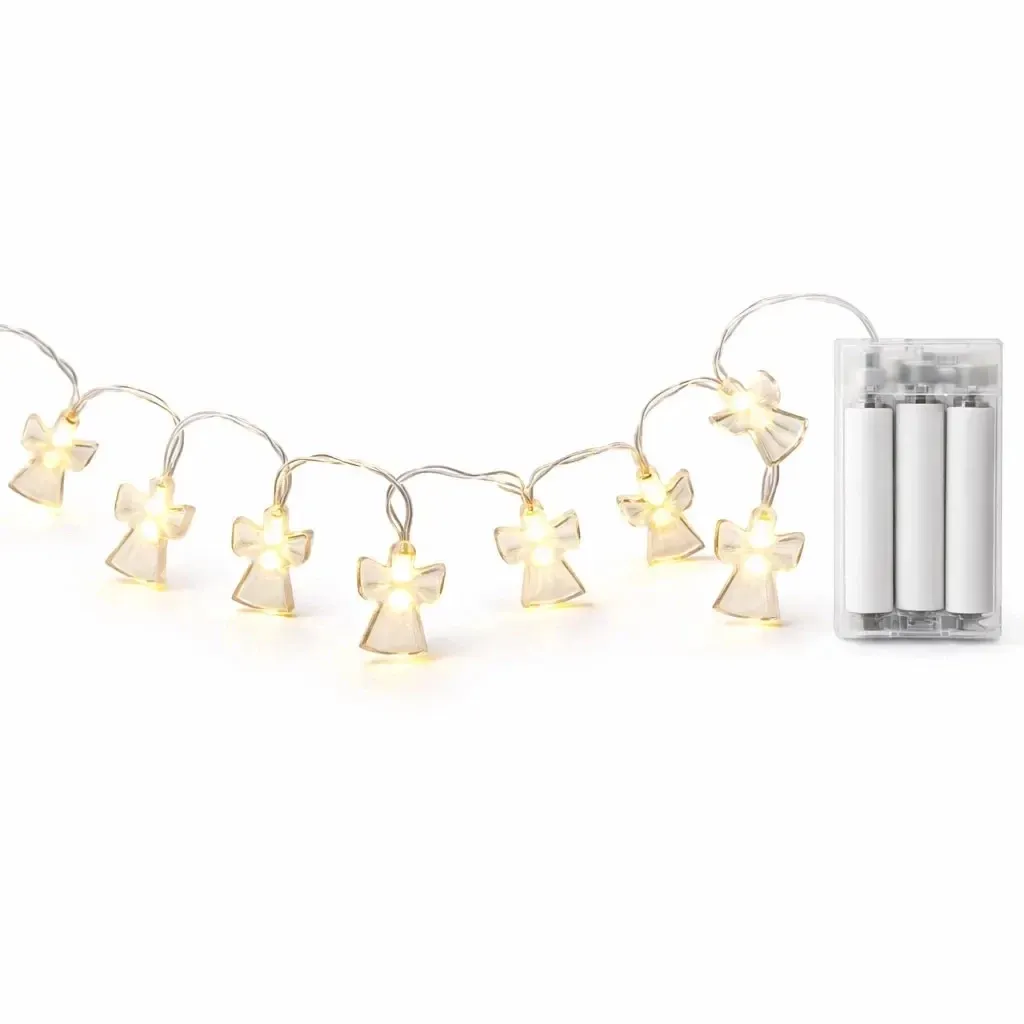 LED svetielka na batérie, akrylové anjeliky, 1,5 m, teplá biela, 10 diód, priehľadný kábel, IP20 pre interiér, 2 × AA