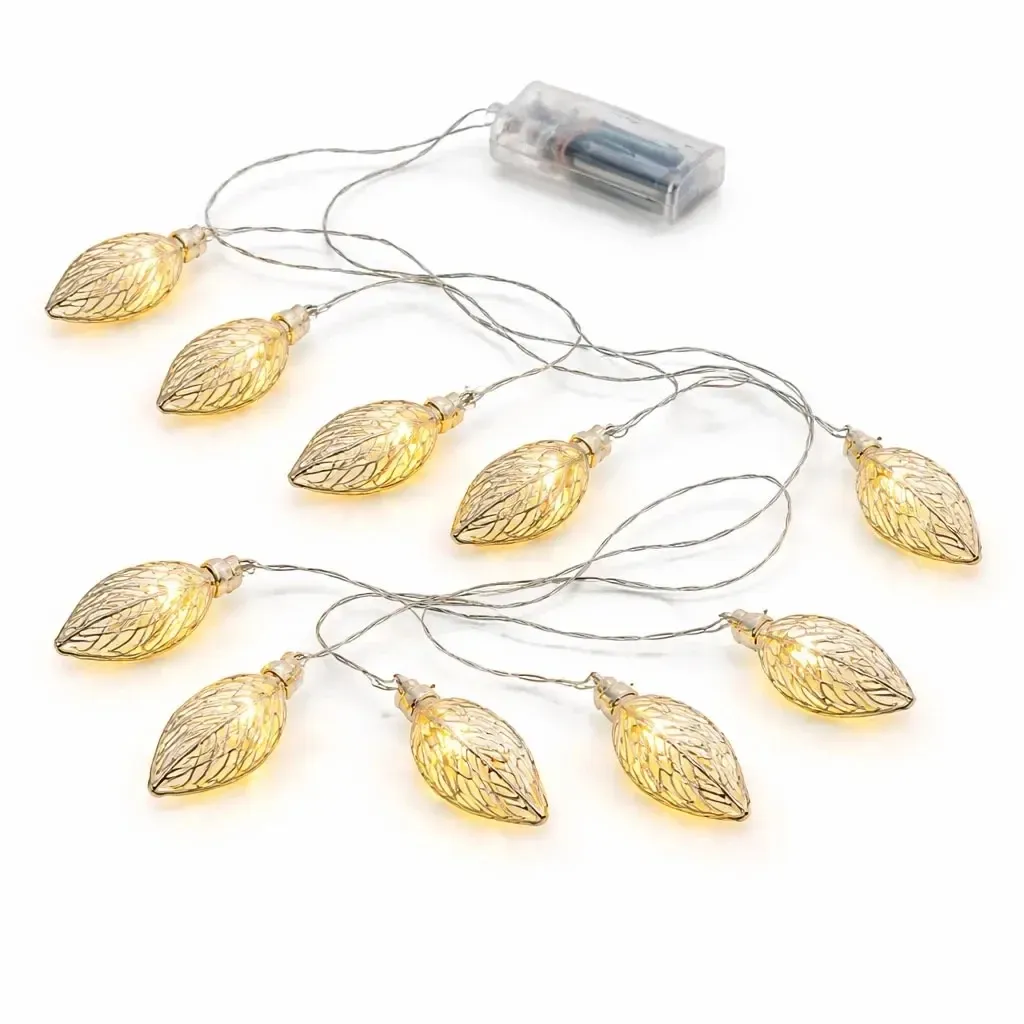 LED svetielka na batérie, kovové lístky, 1,8 m, teplá biela, 10 diód, priehľadný kábel, IP20 interiér, 2 × AA