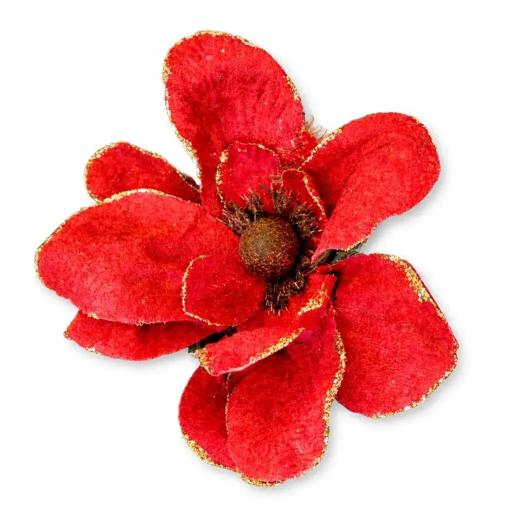 Dekorácia umelý kvet so svorkou, červená, 20 cm, látka