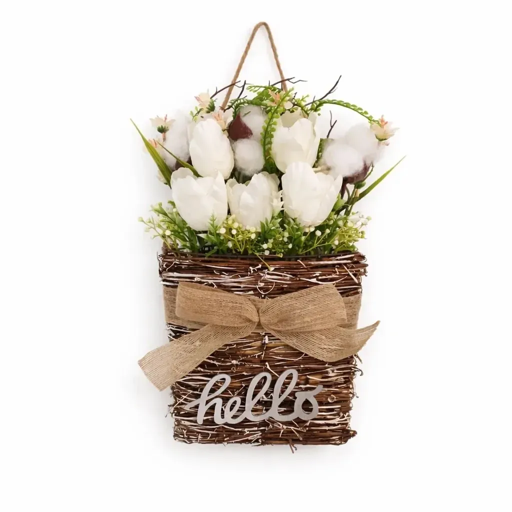 Jarná dekorácia biele kvety 23 × 40 cm, prútie a plast, IP44, vonkajšie