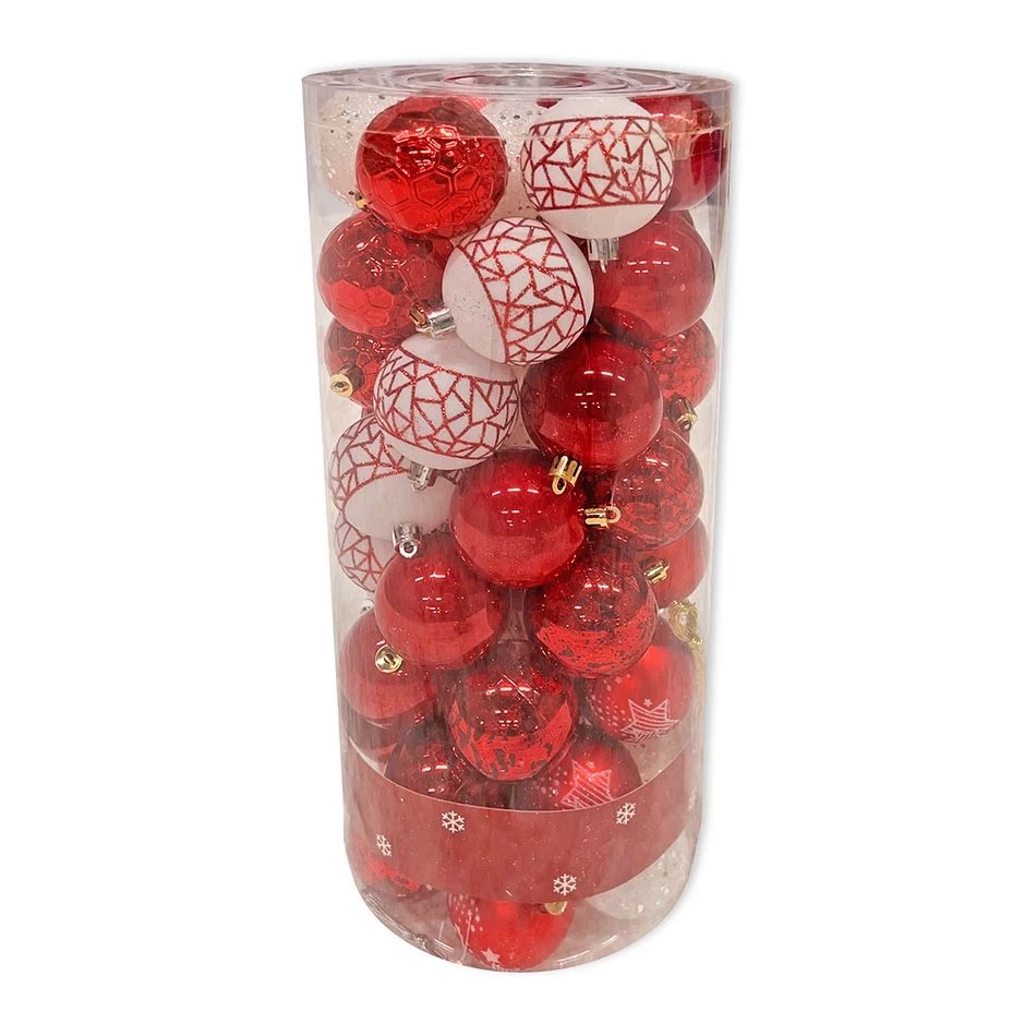 _Stiahnuté Plastové ozdoby, d. 6 cm, 50 ks, červené a biele