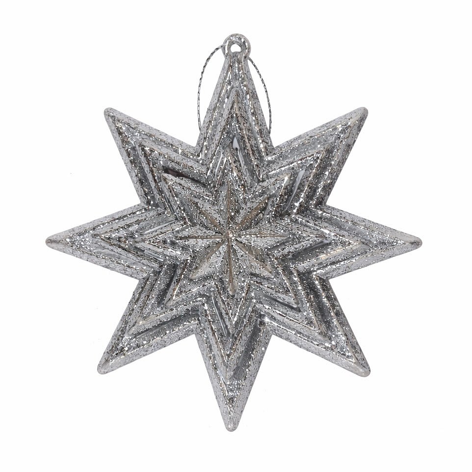Ozdoba na vianočný stromček hviezda 10,5 cm, strieborná, plastová, na zavesenie