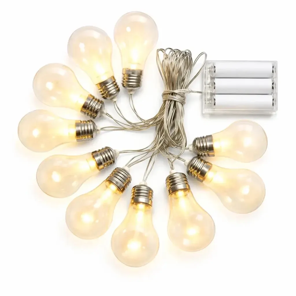 Batériové LED párty svetlá 5 m, 10 teplých bielych LED diód, priehľadné žiarovky, transparentné, 3× AA, IP20 vnútorné