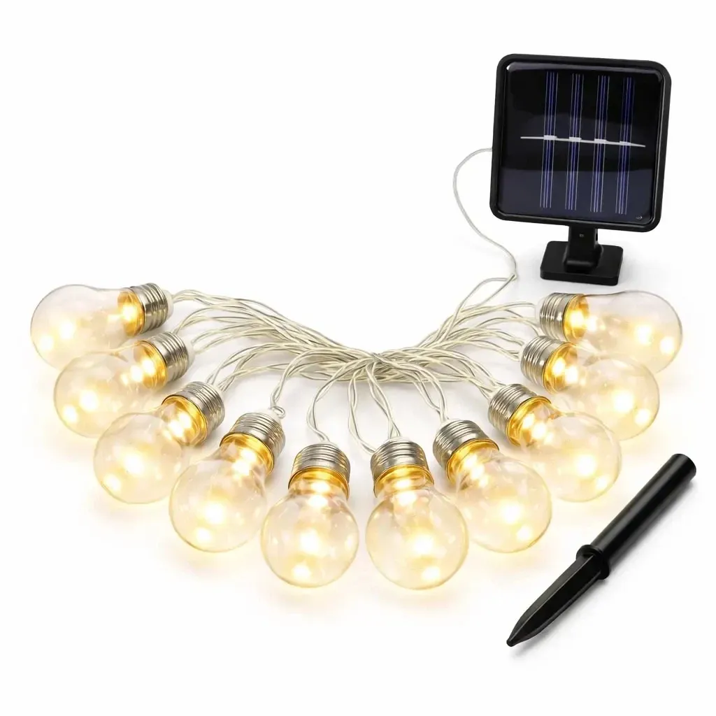 Solárna LED party girlanda, 5 m, vonkajšia, teplá biela, 10 LED diód, priehľadné žiarovky, priehľadný kábel, IP44
