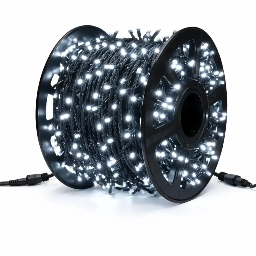 Svetelný reťazec Easy Fix LED, 100 m, vonkajší, ľadovo biela, 600 LED diód, čierny kábel, IP67, cievka