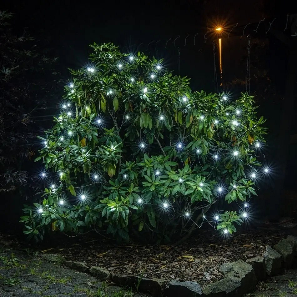 Hobby Line LED svetelná sieť, 200 × 150 cm, ľadovo biela, 90 diód, tmavozelený kábel, IP44, predlžovací