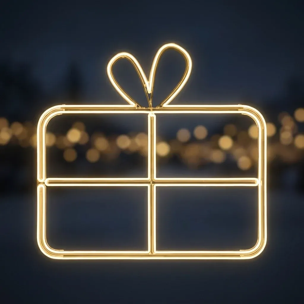 Svetelný darček Easy Fix 2D LED s mašľou, 80 × 80 × 50 cm, teplá biela, stojaci, 3D tlač, hliník