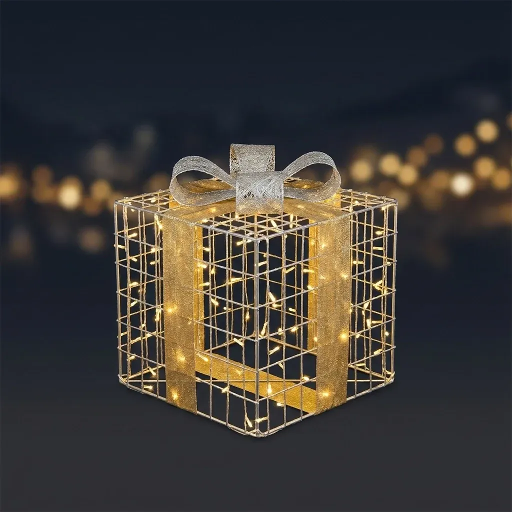3D LED svetelný darček s mašľou, v1, 80 × 90 cm, teplá biela, hliník