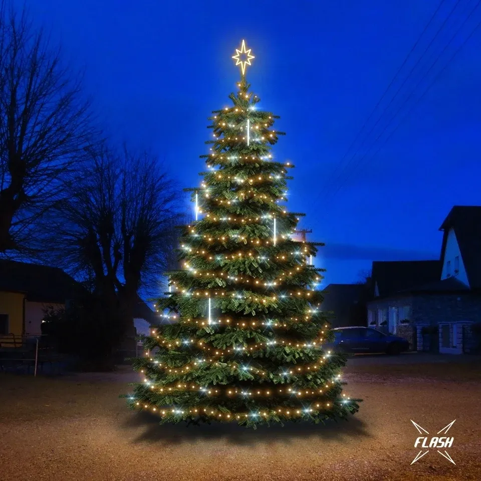 LED svetelná súprava pre vianočné stromčeky vysoká 6-8 m, teplá biela s bleskom, s padajúcim snehom
