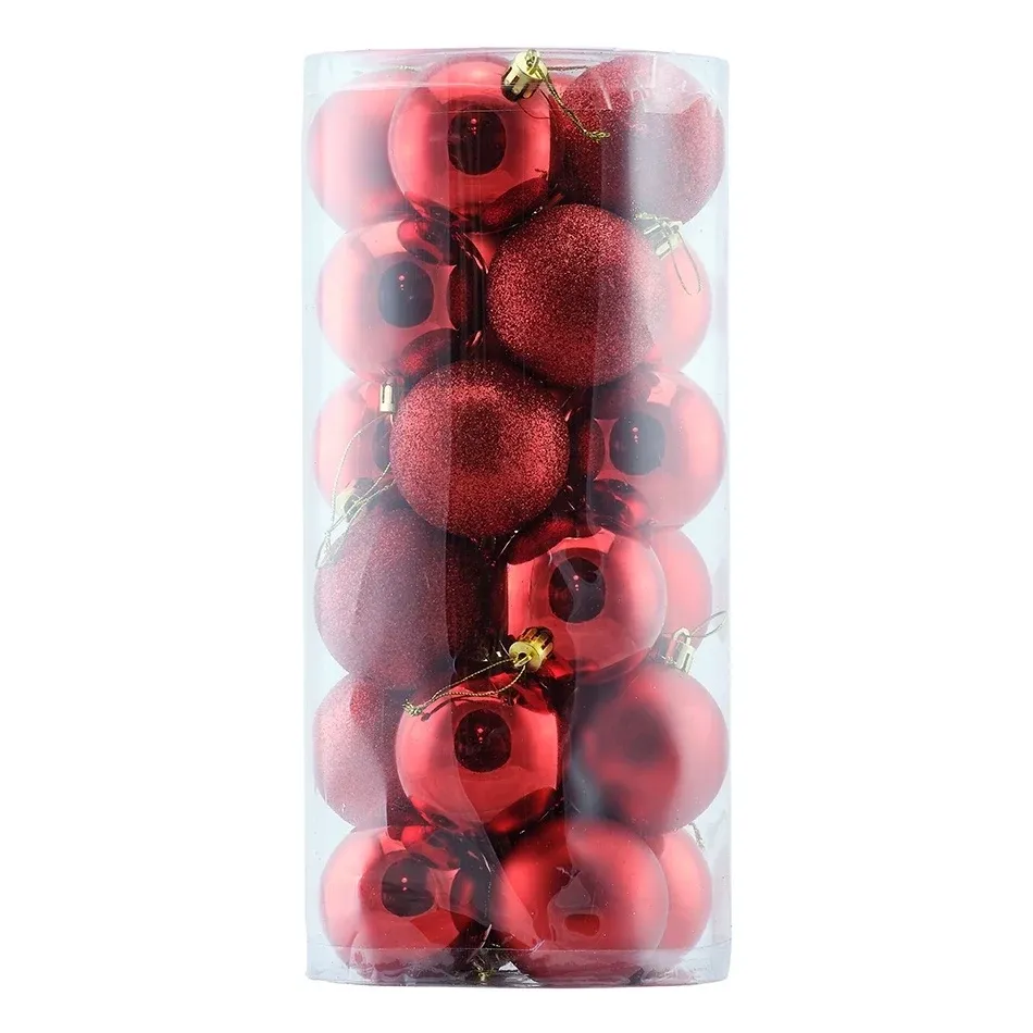 Sada plastových gúľ, 24 ks, priemer 6 cm, červené, 8× lesklé, 8× matné, 8× s trblietkami, balenie 24 ks