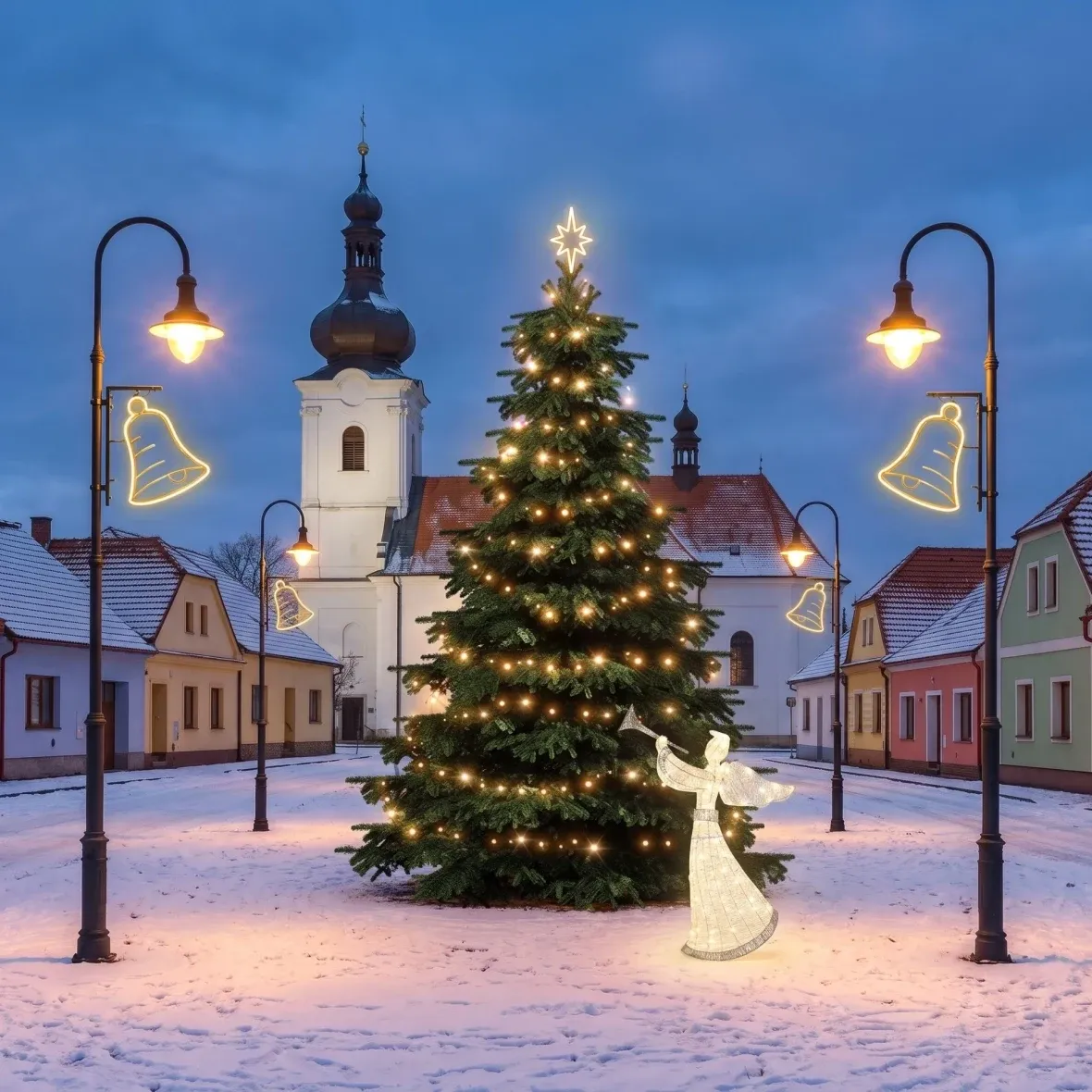 Vianočná sada pre obce: Zvonček, strom 3–5 m, 7× zvonček na verejné osvetlenie, 3D LED anjel 122 cm, teplá biela