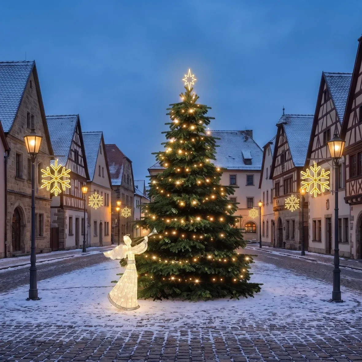 Vianočná sada pre obce „Snehová vločka VI“, strom 3–5 m, 8× „Snehová vločka VI“ na verejné osvetlenie, 3D LED anjel 122 cm, teplá biela