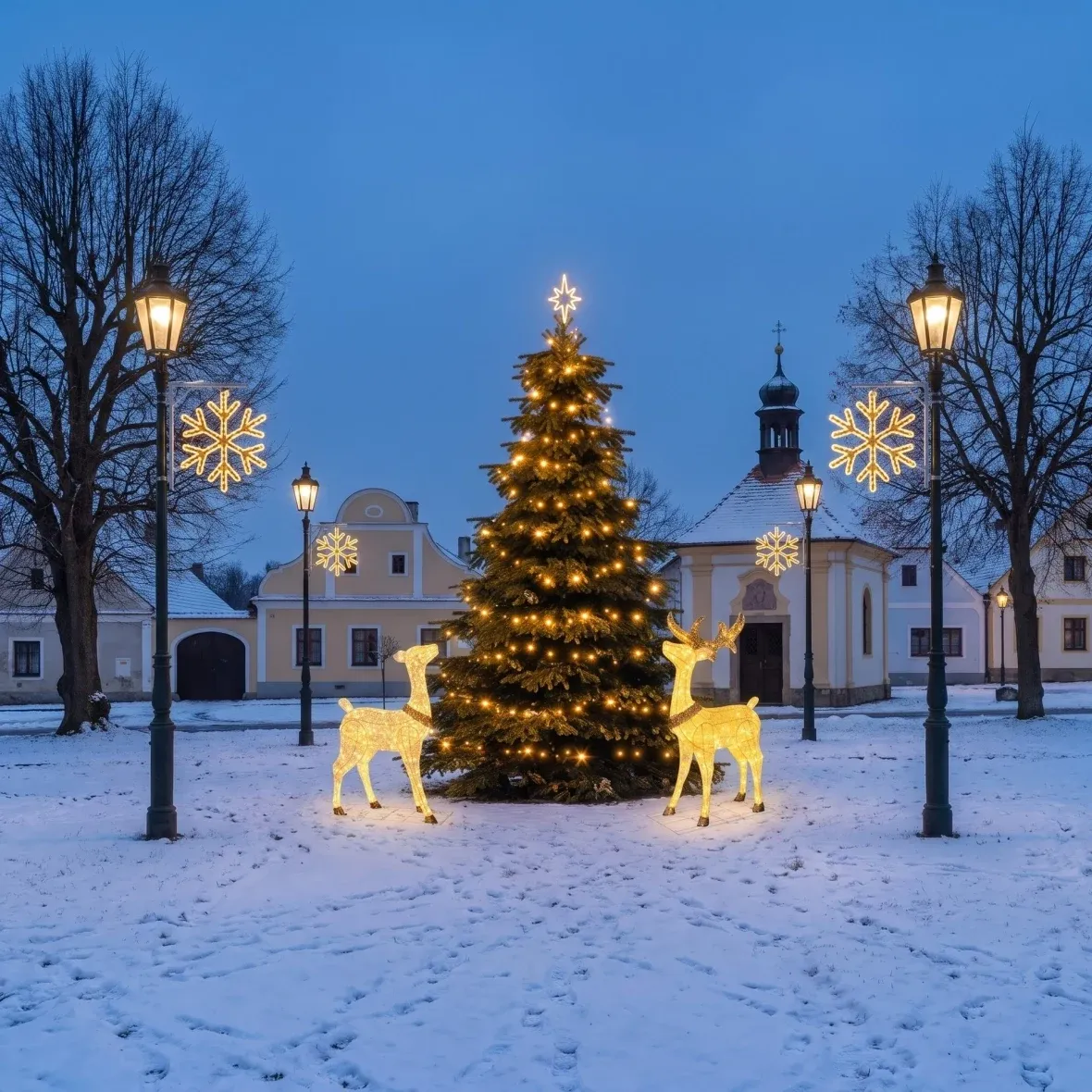 Vianočná sada pre obce „Snehová vločka VI“ s jeleňom a laňou, strom 3–5 m, 4× snehová vločka VI na verejné osvetlenie, 3D LED jeleň a laň 150 cm, teplá biela