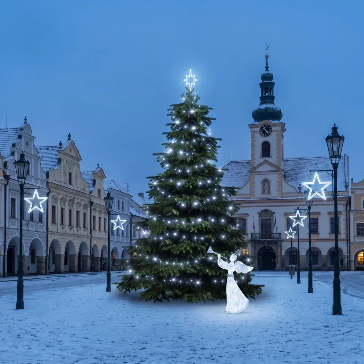 Vianočná sada pre obce „Ľadová hviezda“, strom 3–5 m, 7× hviezda na verejné osvetlenie, 3D LED anjel 122 cm, ľadovo biela