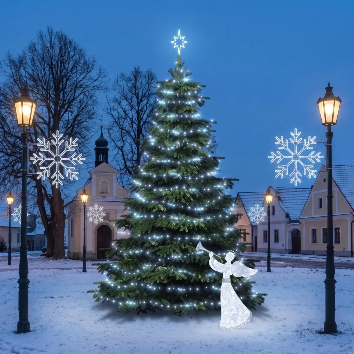 Vianočná sada pre obce „Ľadová vločka II“, strom 6–8 m „Flash“, 7× vločka II na verejné osvetlenie, 3D LED anjel 122 cm, ľadovo biela