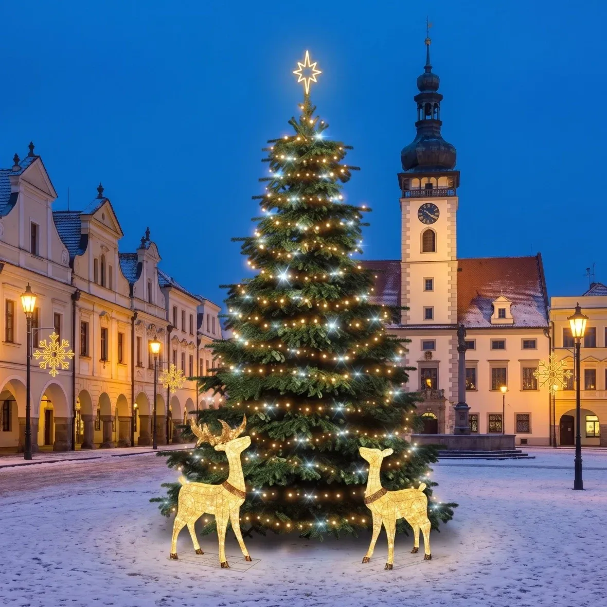 Vianočná sada pre obce „Veľká vločka X“ s jeleňom a laňou, strom 6–8 m Flash, 8× vločka X na verejné osvetlenie, 3D LED jeleň a laň 150 cm, teplá biela