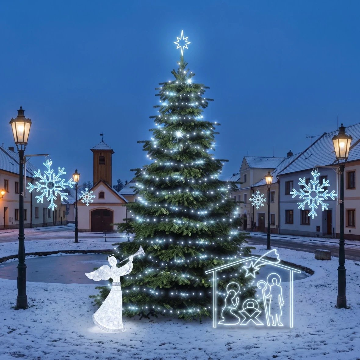 Vianočná sada pre obce „Ľadová vločka X“ a betlehem, strom 6–8 m Flash, 3D LED anjel 122 cm, betlehem 162 × 172 cm, ľadovo biela