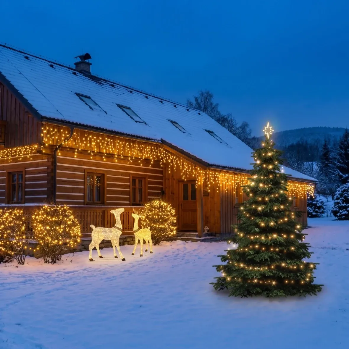 Vianočná sada pre hotely: fasáda, kríky a strom, strom 3–5 m, 4× ľadové kvapky 3 m, 3× reťaz 20 m, 3D LED jeleň a laň 150 cm, teplá biela