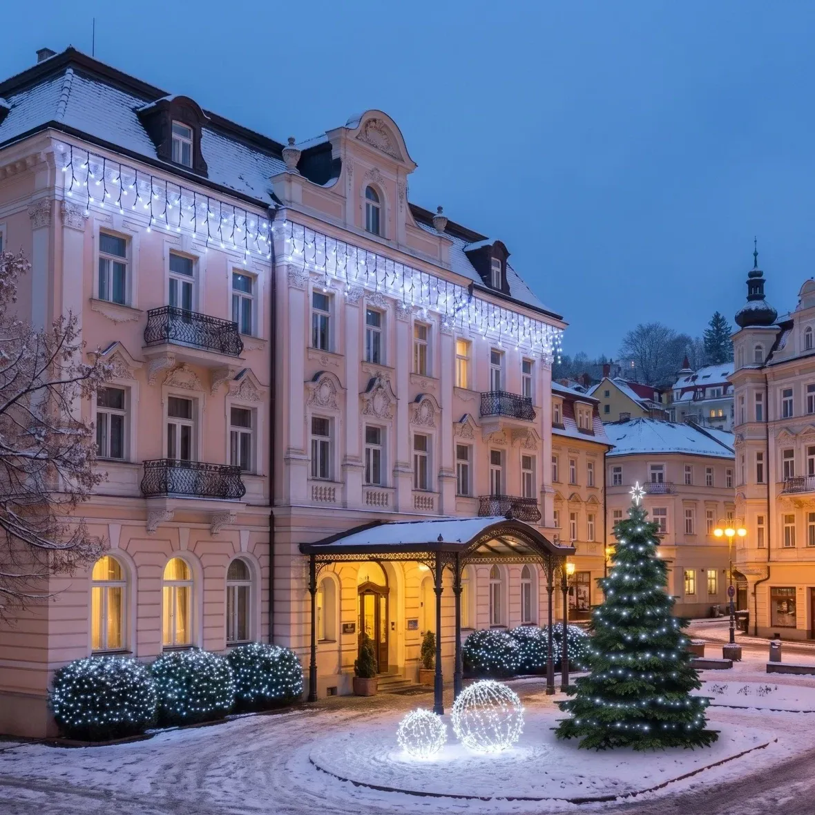 Vianočná sada pre hotely „Ľadová fasáda so stromom“, strom 3–5 m, 6× ľadové kvapky 3 m, 5× reťaz 20 m, 3D LED guľa Ø 60 cm, 3D LED guľa Ø 80 cm, ľadovo biela