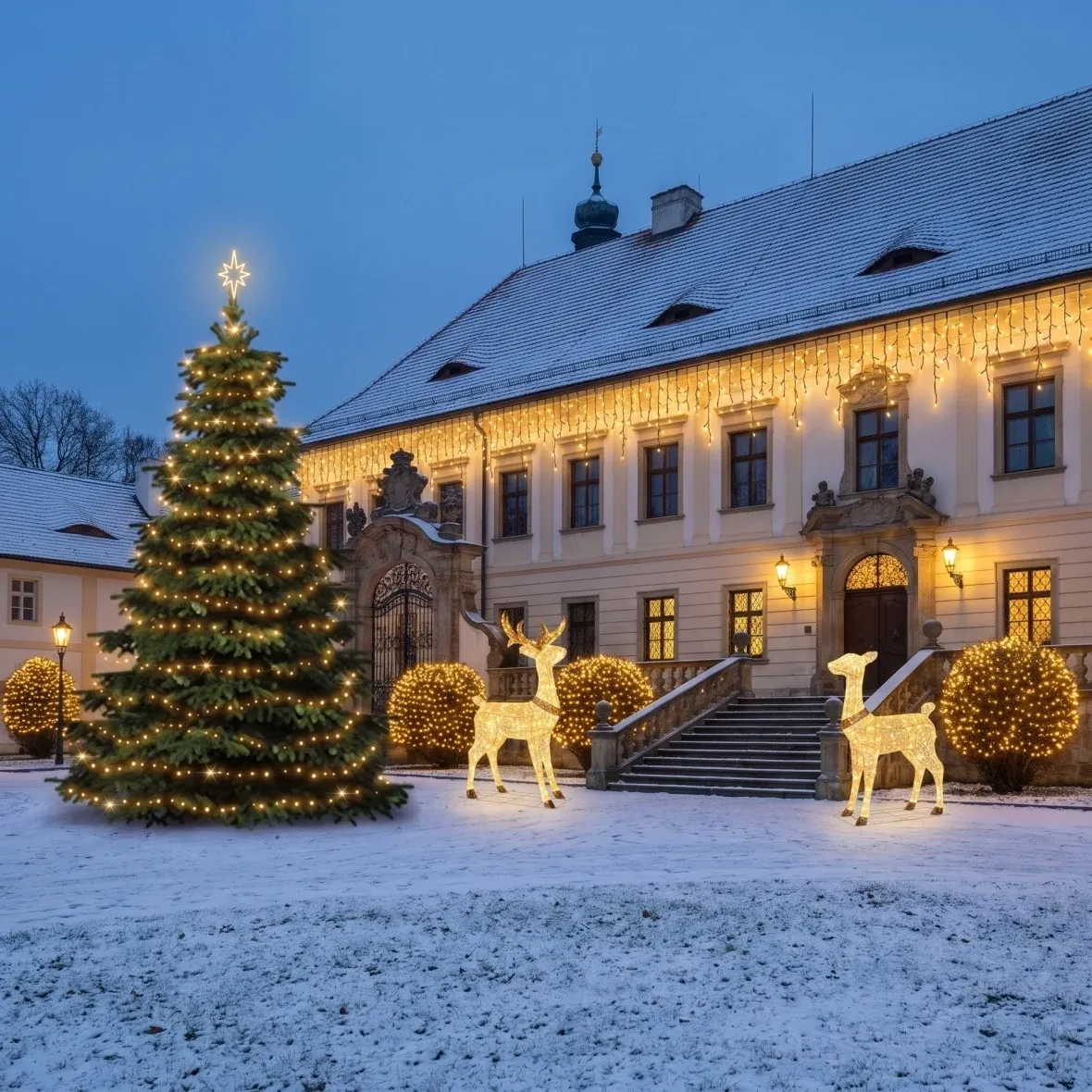 Vianočná sada pre hotely „Veľká fasáda“, strom 6–8 m, 11× ľadové kvapky 3 m, 4× reťaz 20 m, 3D LED jeleň a laň 150 cm, teplá biela