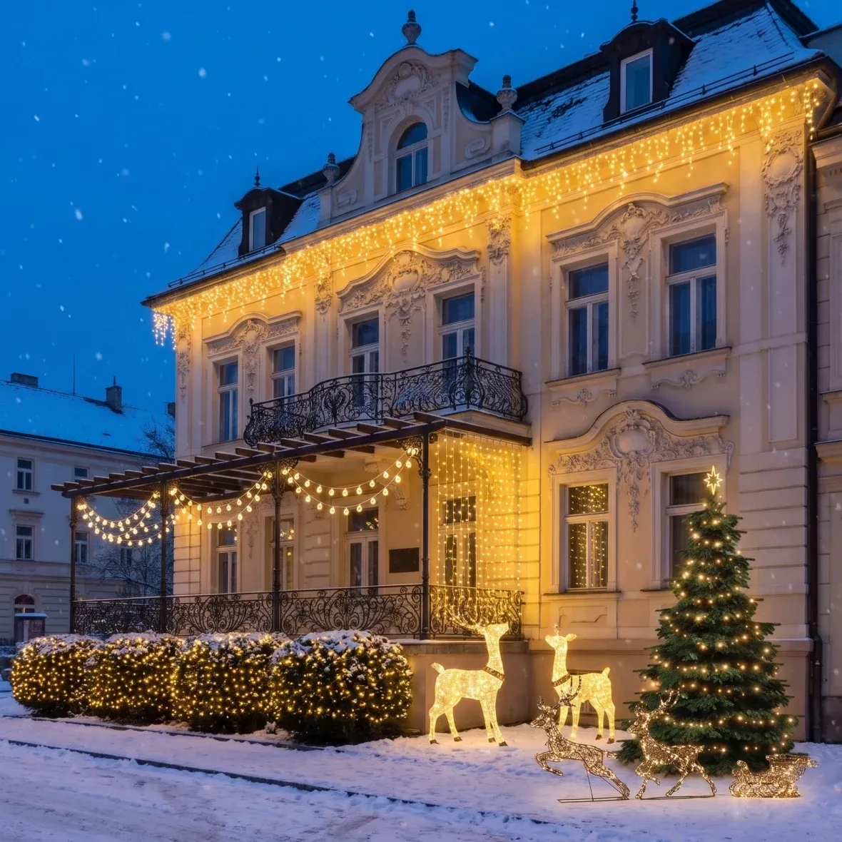 Vianočná sada pre hotely „Záhrada a vchod“, strom 3–5 m, 5× ľadové kvapky 3 m, 3D LED jeleň a laň 150 cm, 3D LED jeleň so saniami 180 cm, teplá biela