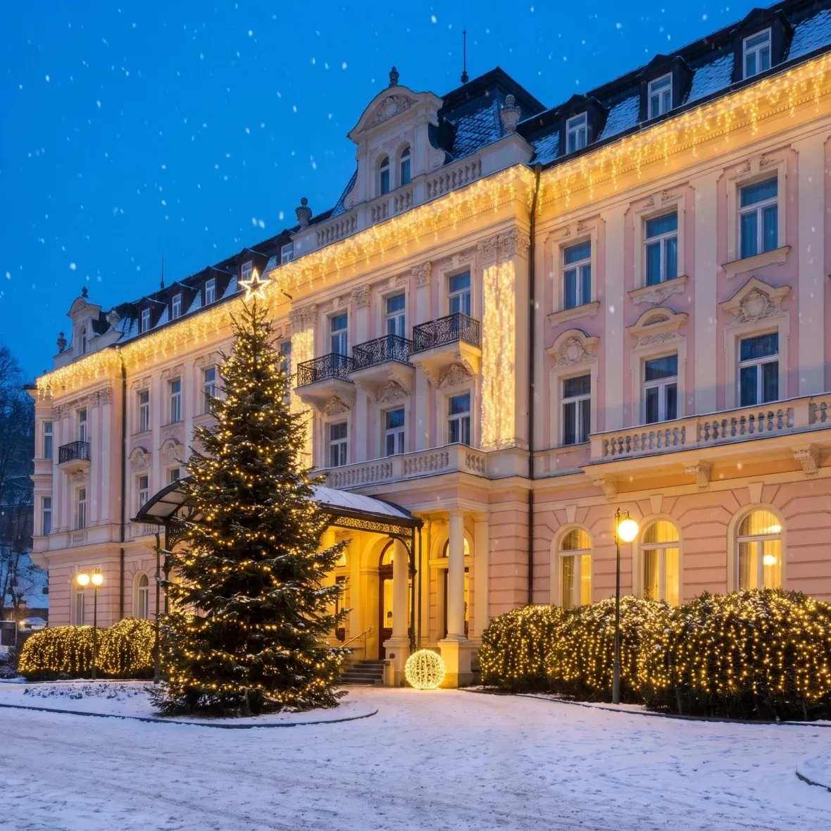 Vianočná sada pre hotely Resort, strom 6–8 m, 20× ľadové kvapky 3 m, 7× reťaz 20 m, 1× záves 1 × 8 m, 3D LED guľa Ø 60 cm, teplá biela