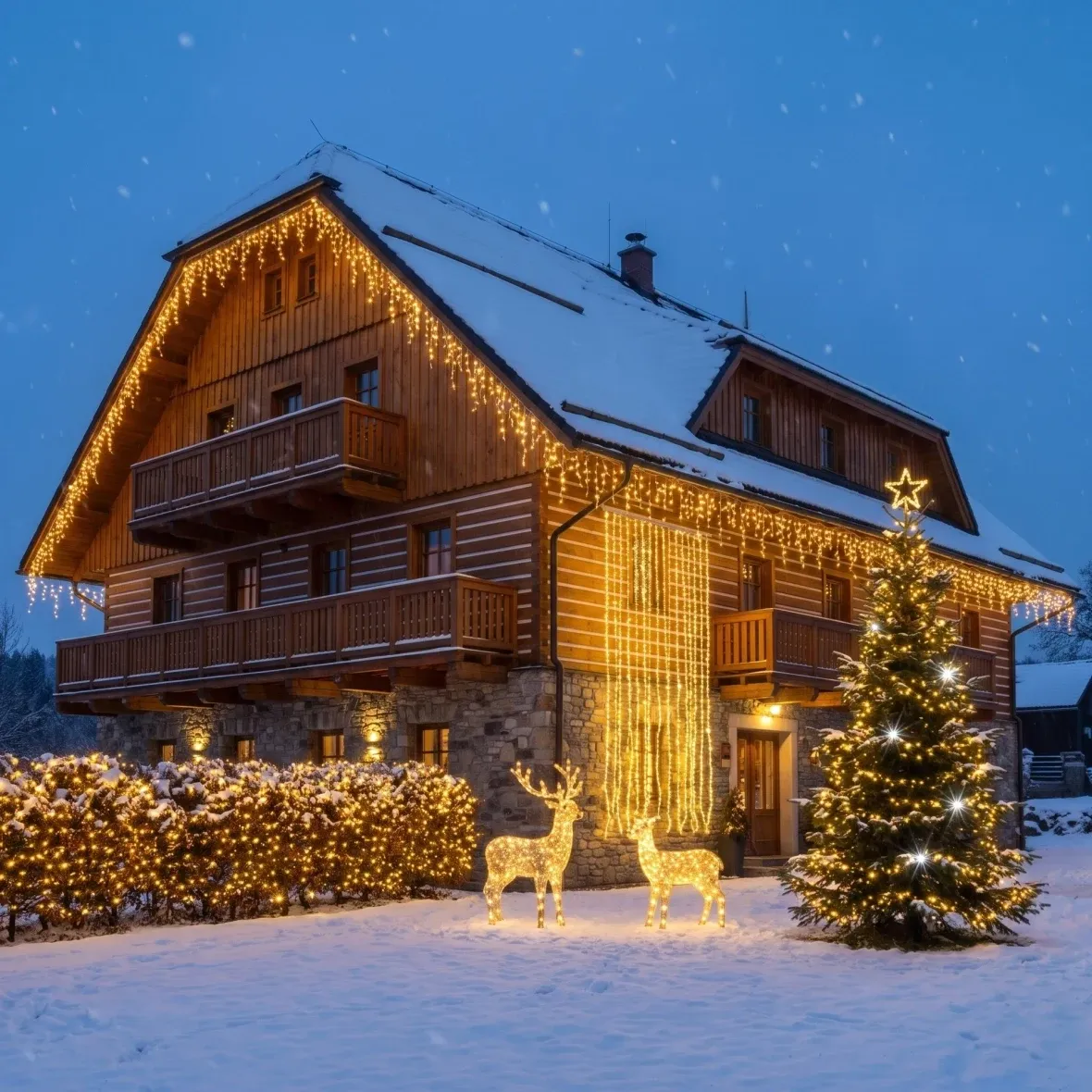 Vianočná sada pre hotely Resort Flash, stromček 6–8 m Flash, 12× ľadové kvapky 3 m Flash, 3D LED jeleň a laň 150 cm, teplá biela s Flash