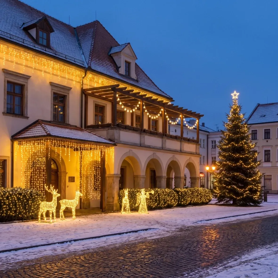 Vianočná sada pre hotely – veľký vchod a záhrada, strom 6–8 m, 3D LED jeleň a laň 150 cm, 3D LED anjel 122 cm, teplá biela