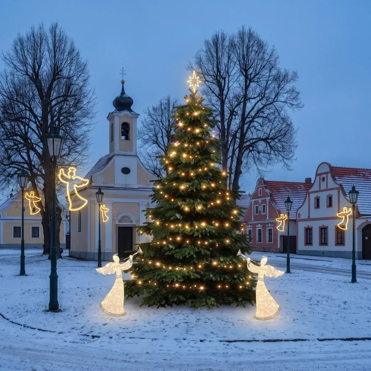 Vianočná sada pre obce: Anjel, strom 3–5 m, 6× anjel na verejné osvetlenie, 2× 3D LED anjel 122 cm, teplá biela